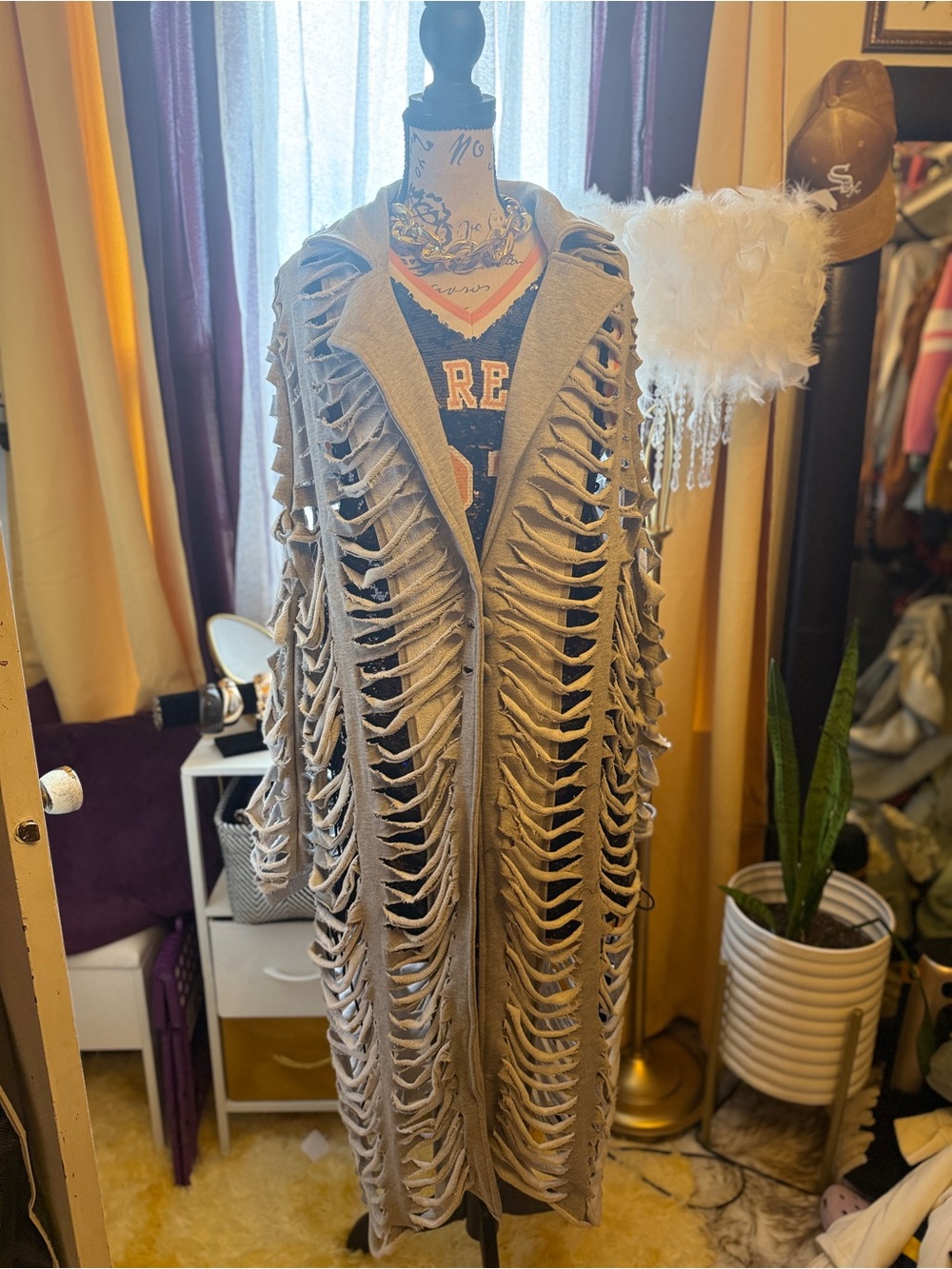 AKIRA Grey Fringe Open-Front Long Knit Cape